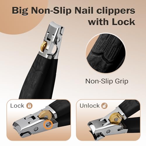 Sharp Toenail and Nail Clippers for Seniors – Heavy Duty for Thick Toenails & Fingernails, Wide Jaw, Anti-Slip Grip, Safety Lock & Splash Guard for Men, Women & Kids Black