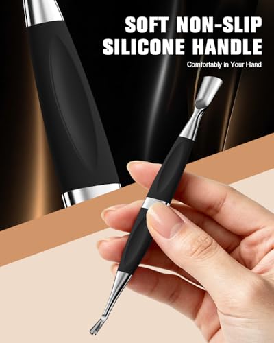 FERYES 2-in-1 Professional Cuticle Pusher & Remover Tool with Non-Slip Silicone Handle, Stainless Steel Nail Cleaner Tool for Manicure, Cuticle Remover Tool for Home & Salon Use-Black Black