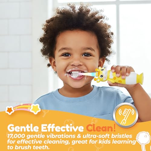 Toddler Electric Toothbrush, Baby Ages 3+ Battery Powered with Unique 360 Brush Head, Gentle Soft Bristles with Timer and LED Light, Vibrating Kids Toothbrush for Girls Boys (Giraffe) Yellow