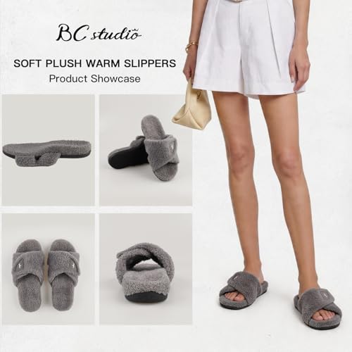 BCSTUDIO Orthopedic House Fuzzy Slippers with Arch Support for Women 8 Grey