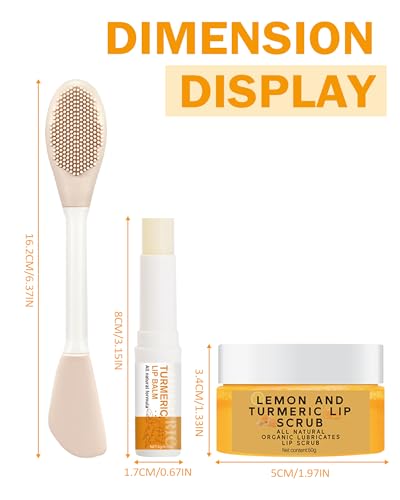 3Pcs Turmeric Lemon Lip Scrub and Turmeric Lip Balm Hydrating & Nourishing Lip Care kit, Exfoliating Lip Scrub with Aloe Vera For Dark Lips,Long-Lasting Natural Balm Moisturizer for Dry, Cracked Lips Set A