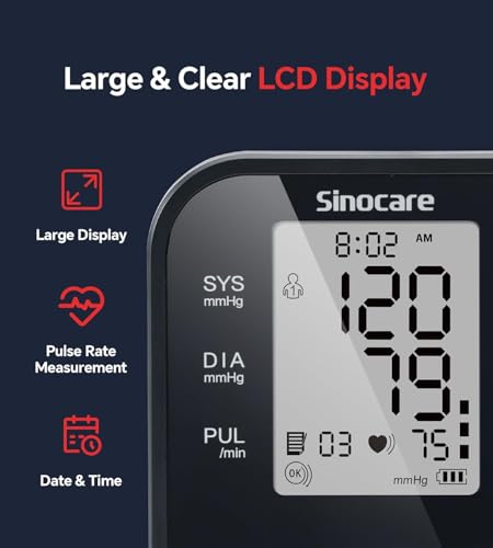 Sinocare Blood Pressure Monitor, Upper Arm Blood Pressure Monitors for Home Use, Adjustable Arm Cuff 8.6"-16.5", One-Button Operation, Dual User, Accurate & Practical (Black) Black