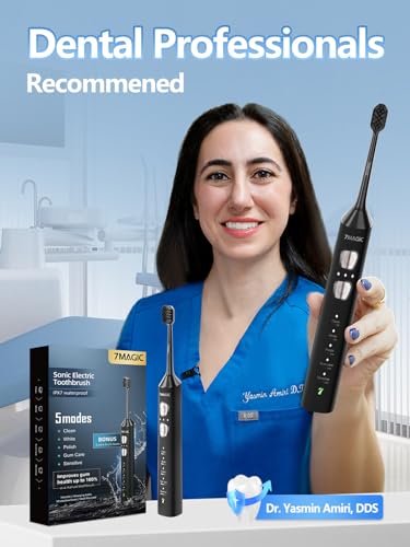 7MAGIC Black Sonic Electric Toothbrush Bundle with Genuine Brush Heads for Deep Cleaning 2-Pack