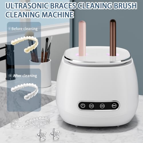 Ultrasonic Retainer Cleaner 48kHz Ultrasonic Cleaner Dental Ultrasonic Retainer Cleaner Machine Dental Cleaning Pod for Denture with Digital Timer, Dual Cleaning Mode for All Dental Appliances (White)