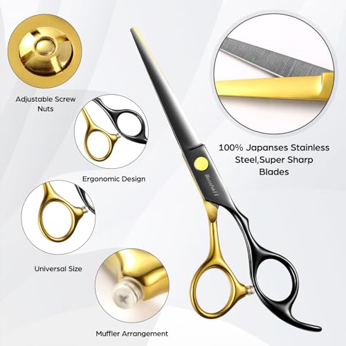 Wenshall Professional Black Gold Hair Scissors 6.89" Teeth Japanese Stainless Steel Multifunctional Salon Thinning Scissors Straight Shears Tools for Men Women Home Salon Barber