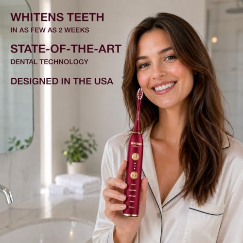Wagner Stern WHITEN+ Electric Toothbrush, 48,000 VPM, Pressure Sensor, 5 Modes, 8 Brush Heads, Travel Case Ruby Red