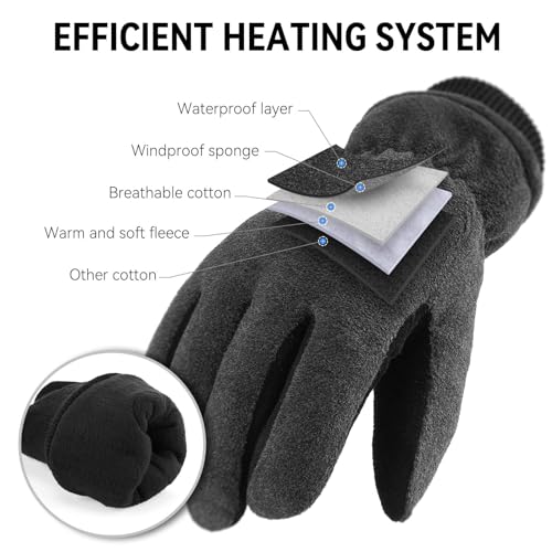 OZERO Mens Winter Gloves,Warm Deerskin Leather Fleece Fabric Gray-black Medium