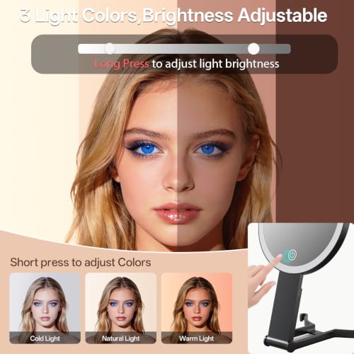 Travel Makeup Mirror with Lights & Foldable Stand, 6" Double Sided 1X/10X Magnifying Portable Lighted Hand Mirror for Men Women, 1X for Full Face & 10X Basic Magnification for Apply Eyebrow Black(1/10x)