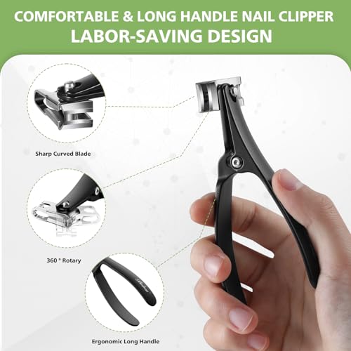 BALUCA 360° Rotating Jaw Toenail Clippers for Thick Nails for Seniors - Comfortable Grip Handle Fingernail Clippers, Upgraded Design Nail Cutters Trimmer for Men and Women