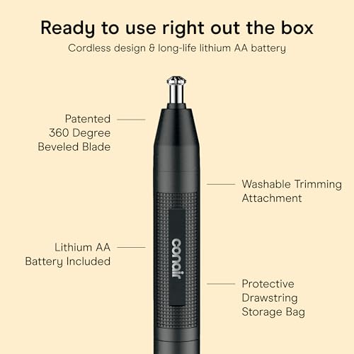 ConairMAN Ear and Nose Hair Trimmer for Men, Cordless, 360° Bevel Blade Black/Silver 1 Count (Pack of 1)