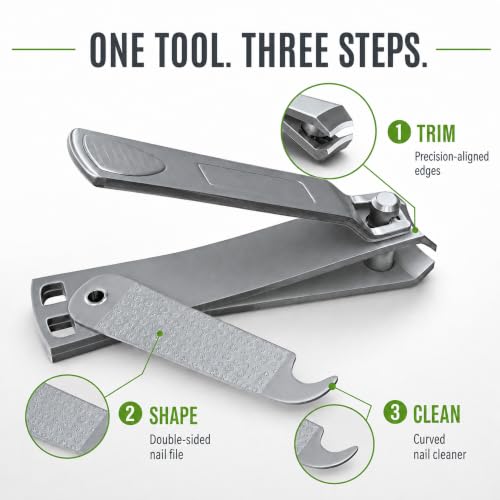 Precision Fingernail Clippers with File & Cleaner - Sharp Ergonomic Stainless Steel Nail Clipper with Easy-Press Lever (3.5 Inch Standard Size)
