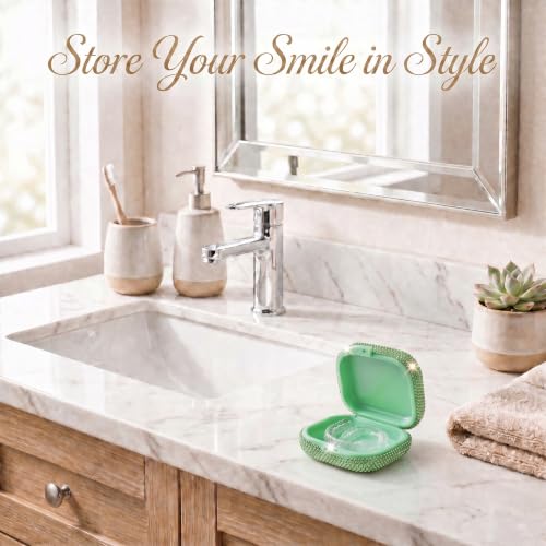 Bling Retainer Case Cute Mouse Guard Case Dental Partial Retainer Container Diamond Slim Night Guard Holder with Clip for Travel(Green) green