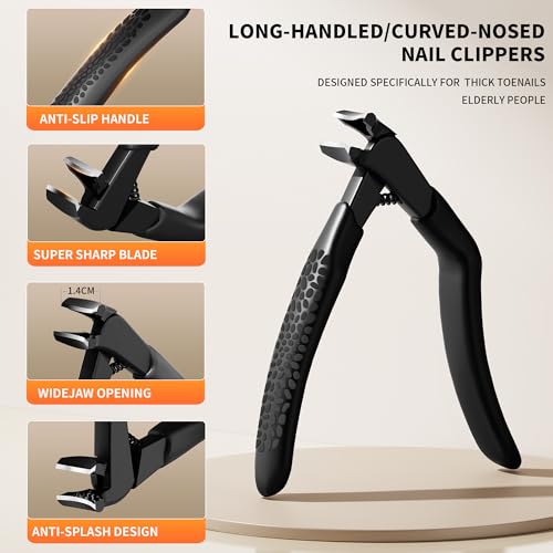 ZIZZON Ergonomic Non-Slip Long Handle Nail Clippers for Seniors – Angled Head with Wide Jaw, Built in Catcher for Thick Toenails and Fingernails