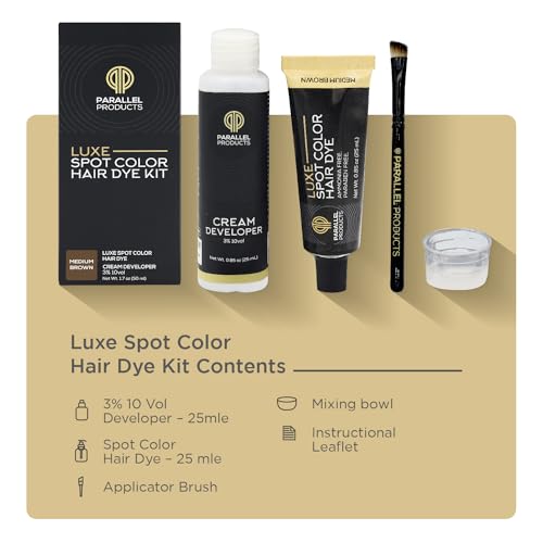 Parallel Products - Luxe Color (Medium Brown) - Cream Hair Dye - 25mL - Tint for Professional Spot Coloring - With Cream Developer, Mixing Dish and Application Brush - Covers Grey Hair - Root Touch Up Medium Brown
