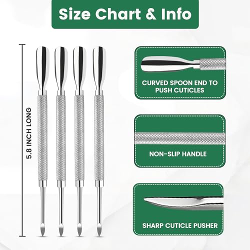 4PCS Cuticle Pusher Double Ended Sharp Edge Spoon Shaped Set, Salon Quality Stainless Steel Metal Manicure Pedicure Nail Polish Remover Cleaner Tools for Fingernails Toenails 1-Silver 4 Pack