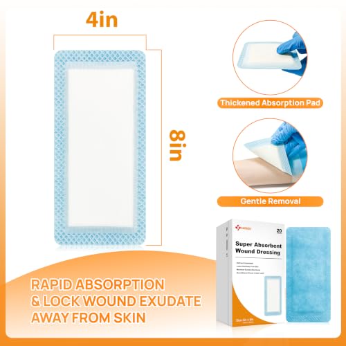 Carbou 20 Pack Super Absorbent Wound Dressing 4" x 8", Non-Adhesive Pads 4"x 8"(Pack of 20)