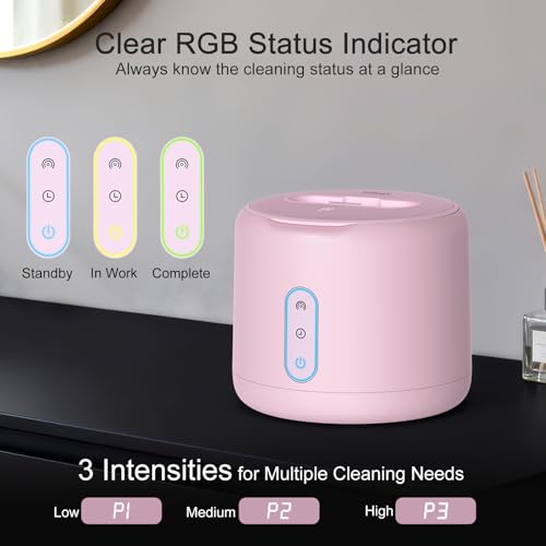 Ultrasonic Retainer Cleaner Machine, IPX6 Waterproof Denture Cleaner, 3 Modes Dental Cleaning Pod with RGB Indicator, 45kHz UV for Mouth Guards, 200ML Tank, Light Pink