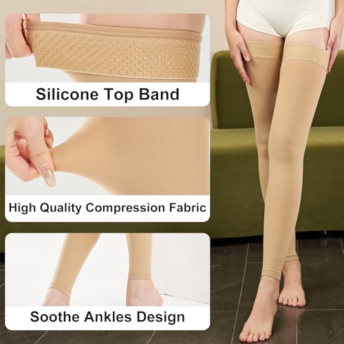 Medical Thigh High Compression Socks Footless for Women and Men (Pair), 15-20 mmHg with Silicone Dot Band, Medical Compression Stockings for Varicose Veins XL BEIGE