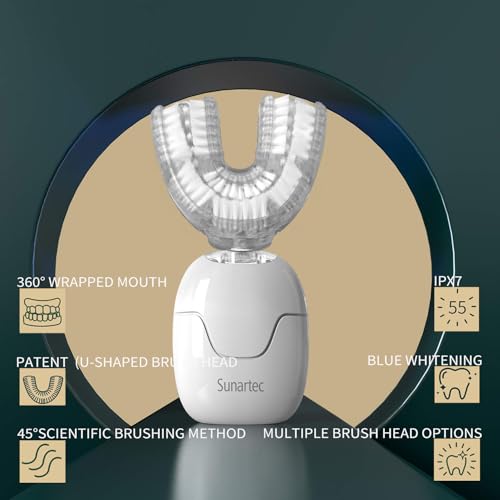 360° U-Shaped Automatic Sonic Toothbrush for Adults, Suitable for People with Limited Mobility Original Newupgrade Electric Toothbrushes, Multiple Brush Heads Options,IPX7 Waterproof White