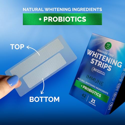 Teeth Whitening Strips by Pop On, 42 Strips, 21-Day Treatment, Non-Slip, Sensitive Teeth Whitening Strips, Made With Natural Ingredients, Mint Flavor, With Essential Probiotics, Hydrogen Peroxide Free