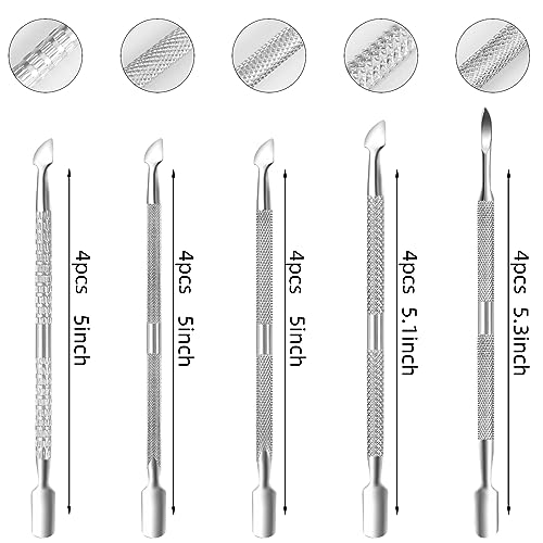 20 Pcs Cuticle Pusher Tools, Professional Dual Sided Stainless Steel Cuticle Trimmer & Remover for Toenails and Fingernails, Manicure Pedicure Tool for Gel Polish Removal