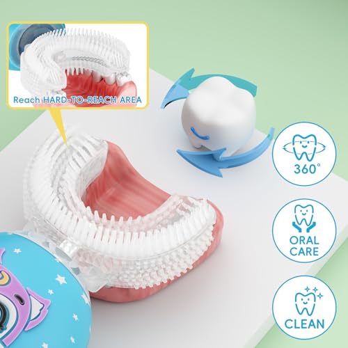 Kids U-Shaped Electric Toothbrush, Rechargeable Kids Toothbrush with 4 Brush Heads, 2 Cleaning Modes, Cartoon Cat Design, IPX7 Waterproof (Ages 2–12) Blue
