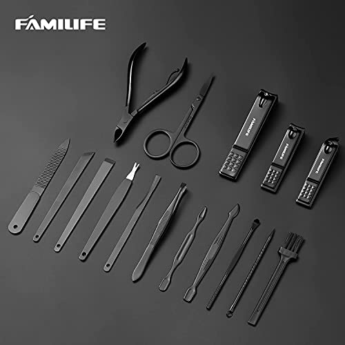 FAMILIFE Professional Manicure Kit Nail Clippers Set 11 in 1 Stainless Steel Pedicure Tools Kit Grooming Kit and 16pcs Gifts for Men Stainless Steel Portable Brown Leather Nail Kit Mens Gifts
