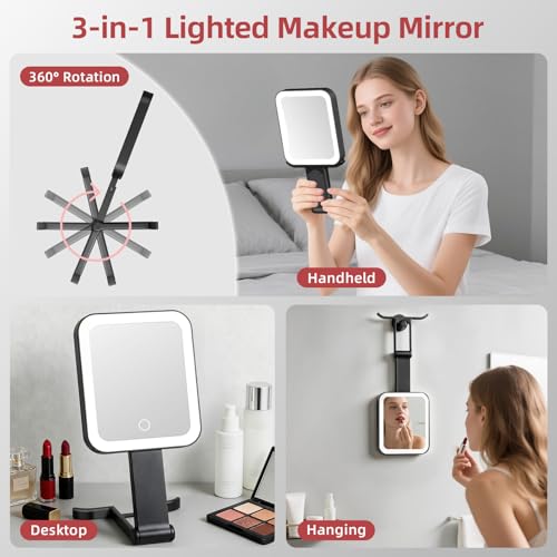 Travel Mirror with Lights, Rechargeable Magnifying Mirror 10X/1X, Black