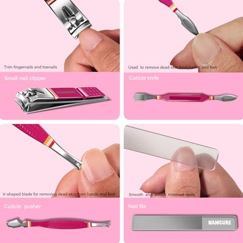Manicure Pedicure Set, 19-Piece Premium Stainless Steel Grooming Kit Crafted with Care – Professional Nail Clippers & Tools with Travel Case for Men & Women pink