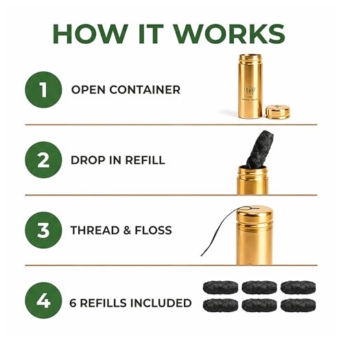 Vegan Bamboo Charcoal Dental Floss with Refillable Gold Stainless Steel Container with 30m x4 Refill | Peppermint Essential Oil | Eco Friendly Zero Waste Oral Care