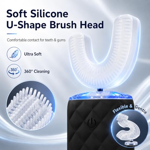 U Shaped Electric Toothbrush for Adults - Ultrasonic Automatic 360° Mouth Cleaning Toothbrush with 5 Modes, IPX7 Waterproof, Rechargeable Sonic Full Mouth Electric Toothbrush (Black)