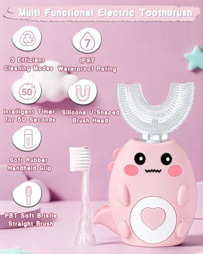 Kids Electric U Shaped Toothbrush for Ages 6-12, Sonic 360º Cleaning Toothbrush with 4 Brush Heads, 3 Modes, 50s Timer, IPX7 Waterproof, Cartoon Dinosaur Design, Gift for Boys & Girls (Pink) Pink