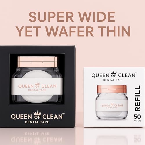 Queen of Clean Dispenser: Includes 2 x 54 Yard Roll of White Dental Floss Tape – Easy, Comfortable, Fun & Effective Flossing, PFAS-Free, Vegan-Friendly, Fresh Mint Flavour. Seriously Good Floss