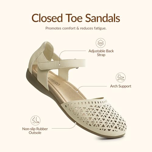 Rihero Women's Comfortable Closed Toe Flat Sandals 8.5 Cream Hollow
