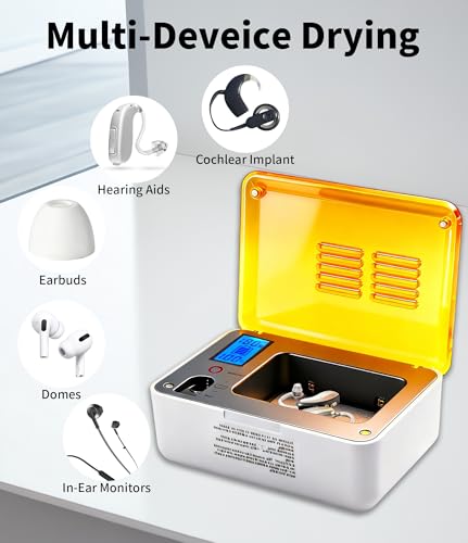 Hearing Aid Dryer Dehumidifier，Hearing Amplifiers Drying Box with 5 Cleaning Kit Removes Moisture, Sweat, and Dust from Earbuds Hearing Aids, 4 Ultraviolet Light, Battery Test. (4UV+Tools) 4UV+Tools