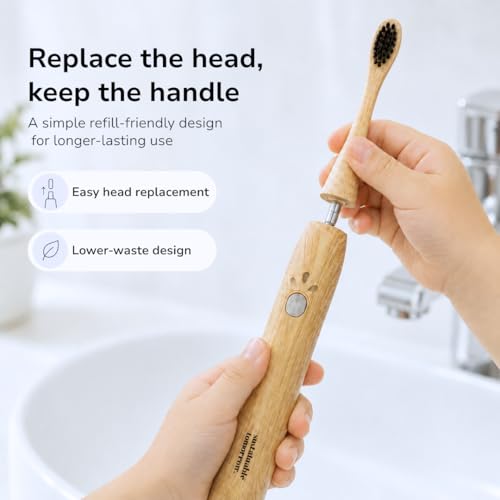 Sustainable Tomorrow Junior Bamboo Electric Toothbrush for Kids Ages 3+ – Gentle Vibrating Toothbrush with Soft Bristles | 2-Minute Timer | Ergonomic Handle | Eco-Friendly, Plastic-Reduced Design