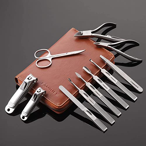 FAMILIFE Professional Manicure Kit Nail Clippers Set 11 in 1 Stainless Steel Pedicure Tools Kit Grooming Kit and 16pcs Gifts for Men Stainless Steel Portable Brown Leather Nail Kit Mens Gifts
