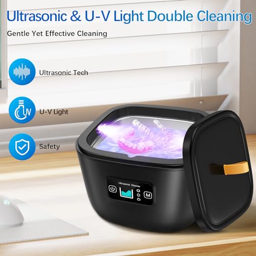 Retainer Cleaner Machine - Raccomb 45kHz LED Light Cleaner for Dentures, Aligner, Mouth Guard, Night Guard Cleaner, 255mL Sonic Cleaning Machine for Jewelry, Dental Appliances