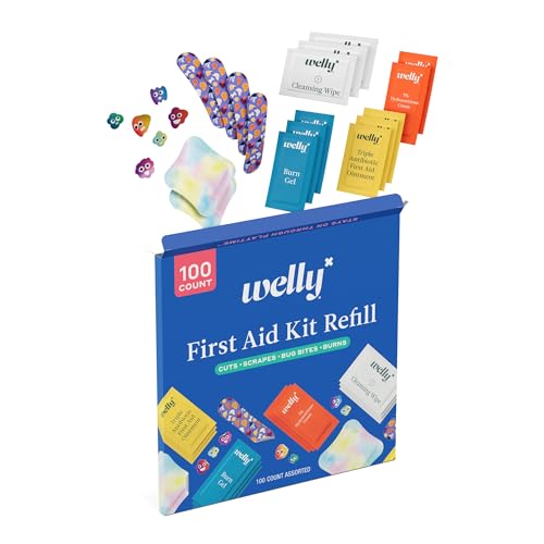 Welly First Aid Kit Refill Carton | Includes Individual Bandages, Cleansing Wipes, Antibiotic Packets, Burn Gel, Hydrocortisone Cream, and Bug Bite Relief Patches | 100 ct 100 Ct First Aid Refills