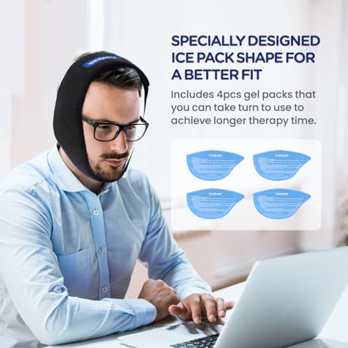Comfpack Wisdom Teeth Ice Pack Head Wrap After Surgery, 4 Reusable Hot & Cold Therapy Gel Ice Packs for Face Swelling, TMJ, Chin, Oral Pain, Facial Surgery, Jaw Pain, Black