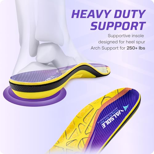 VALSOLE Heavy Duty Support Pain Relief Orthotics - 220+ lbs Plantar Fasciitis High Arch Support Insoles for Men Women, Flat Feet Orthotic Insert, Work Boot Shoe Insole, Absorb Shock with Every Step MEN 8-8 1/2 | WOMEN 10-10 1/2--(270mm) Yellow & Purple
