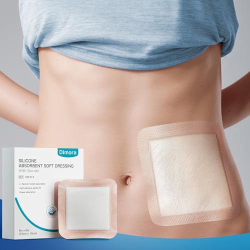 Dimora 20 Count Silicone Super Absorbent Wound Dressing 6" x 6" - Large Adhesive Bandage for Heavy Exudate, Border Wound Care Pads for Pressure Sore and Post-Surgical Incisions 6"x 6" - 20 pcs