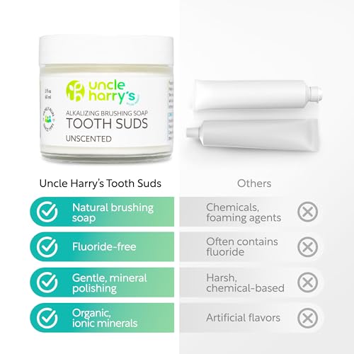 Uncle Harry's Non-Abrasive Unscented Brushing Soap Tooth Suds | Natural Remineralizing Toothpaste Freshens Breath & Promotes Enamel | Vegan Fluoride Free Toothpaste (2 oz) (Pack of 2) 2 Fl Oz (Pack of 2)