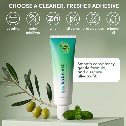 Denttach Fresh Denture Adhesive with Invigorating Mint Flavor, Petroleum Free Olive Oil Based Denture Cream for Full and Partial Dentures, All Day Hold Denture Glue, Zinc Free, 2.4 Ounce 4