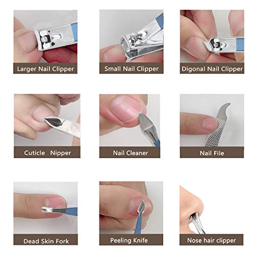 18 Pieces of Stainless Steel Nail Trimming and Beauty Kits - Nail Clippers, Nail Files, Tweezers, Nose Scissors, Eyebrow shavers, Ear Spoons, Blue Leather suitcases.