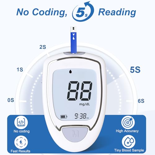 Glucose Monitor Kit, Blood Sugar Monitor with 50 Test Strips & 50 Lancets for Diabetes Testing, High Accuracy Blood Glucose Meter with Auto Eject, No Coding & Large LCD for Seniors, Glucometer Diabetes Testing Kit for Travel & Home Use