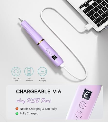 Electric Nail Drill Machine File Efile Set for Acrylic Gel Nails Portable Nail Drill Machine Kit Rechargeable Pedicure Tools for Hand Feet Manicure Pedicure Tools Polishing Set (Purple) purple