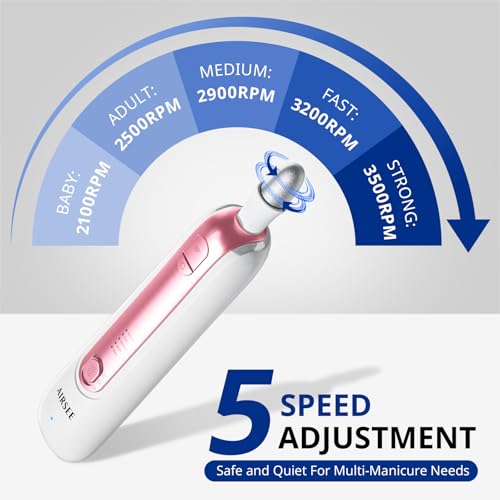 AIRSEE Professional Manicure Pedicure Kit,Cordless 6 in 1 Electric Nail File for feet,5 Speed Rechargeable Pedicure Tools for Thick Nail Toenail Cuticle, Hand Feet Trimmer Buffer for Women Men,Pink Pink