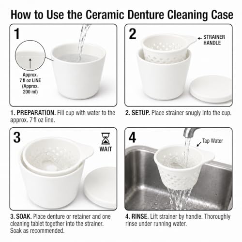 Ceramic Denture Cleaning Cup with Lid & Removable Basket, 3-Piece Stacking Soaking Container for Tablets, Retainer/Aligner/Mouth Guard Case, Hygienic, Spill-Resistant (White) White