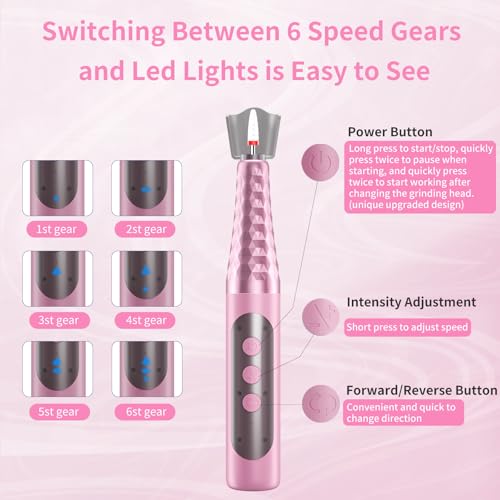 Cordless Electric Nail File with Safety Pause Function,FyndAna Portable Nail Drill Set for Crystal Gel Dip Powder Nails,Rechargeable Manicure Pedicure Tools Polish Set,Pink